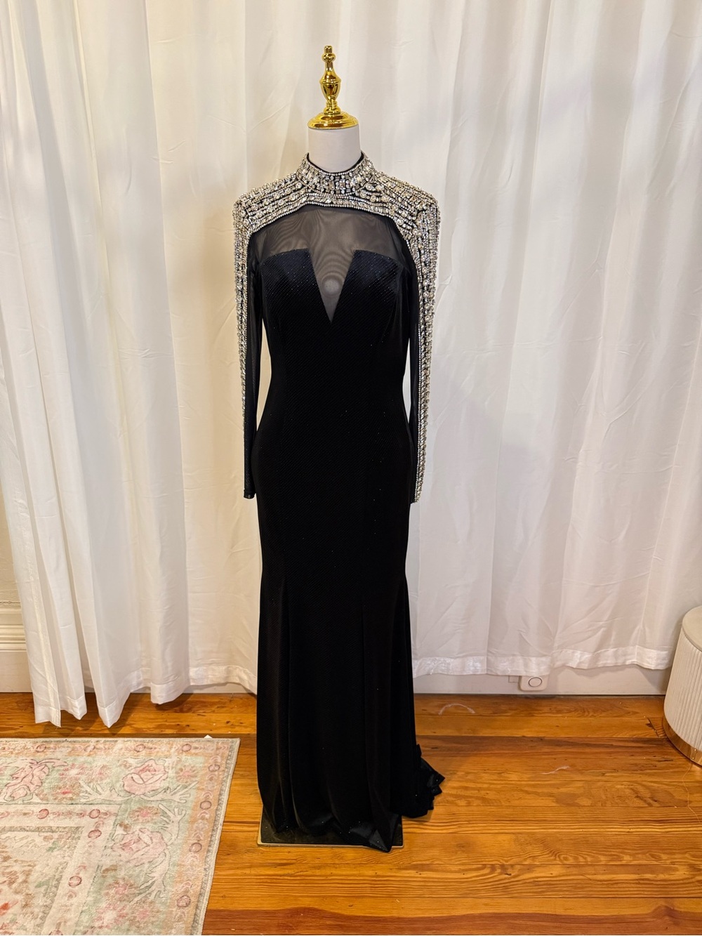 Johnathan Kayne Black Long-Sleeve Evening Gown with Embellished Capelet